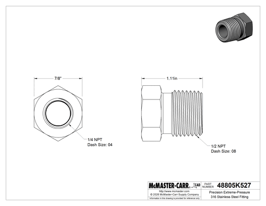 Technical drawing of Precision Extreme-Pressure 316 Stainless Steel Fitting, Bushing Reducing Adapter, 1/2 Male x 1/4 Female NPT.